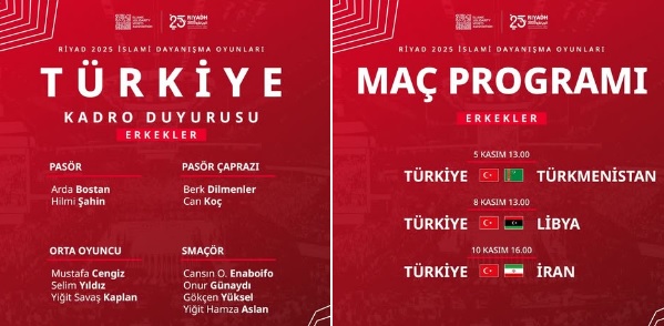 🚨Riyad 2025 İslami Dayanışma Oyunları’na katılacak Filenin Efeleri’nin kadrosu ve maç programı belli oldu.
