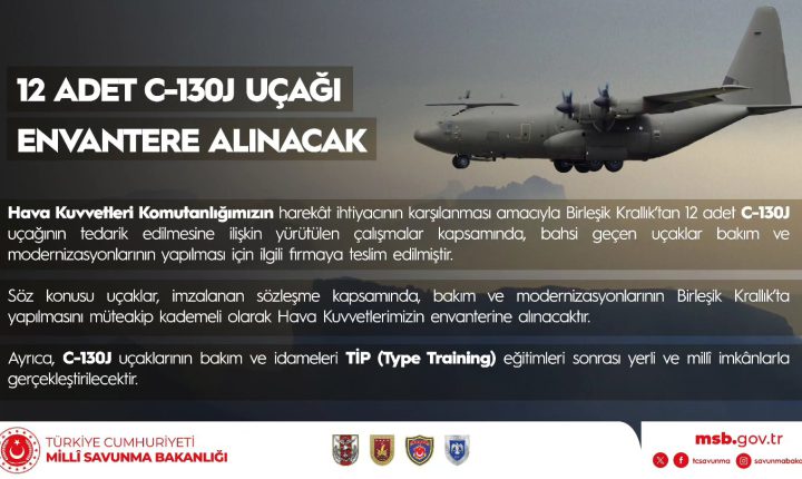 Millî Savunma Bakanlığı: “Hava Kuvvetleri Komutanlığımızın harekât ihtiyacının karşılanması amacıyla Birleşik Krallık’tan 12 adet C-130J uçağının tedarik edilmesine ilişkin yürütülen çalışmalar kapsamında, bahsi geçen uçaklar bakım ve modernizasyonlarının yapılması için ilgili firmaya teslim edilmiştir.