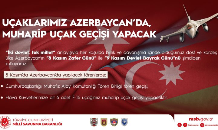 Türk Hava Kuvvetleri Bağlısı 6 Adet F-16 Savaş Uçağı, Zafer Haftası” Etkinlikleri Kapsamında Azerbaycan’da “Muharip Uçak Geçişi” Yapacak Millî Savunma Bakanlığı: “İki Devlet, Tek Millet” anlayışıyla her koşulda birlik ve dayanışma içinde olduğumuz dost ve kardeş ülke Azerbaycan’ın “8 Kasım Zafer Günü” ile “9 Kasım Devlet Bayrak Günü”nü şimdiden kutluyoruz.