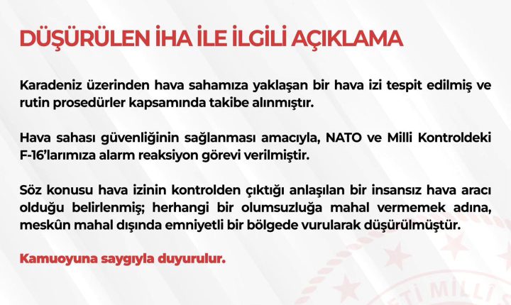 Türk F-16’ları Karadeniz’de Türkiye’ye Doğru Yaklaşan Kontrolden Çıkmış Bir İHA’yı Düşürdü Millî Savunma Bakanlığı konuya ilişkin açıklama yaptı: