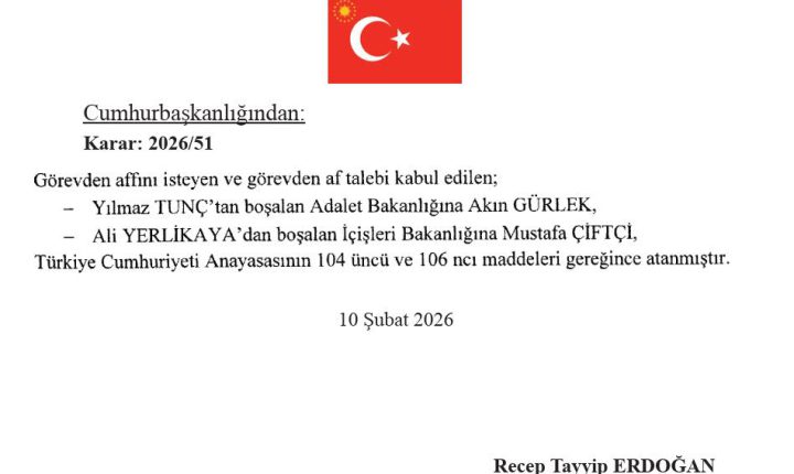 Türkiye Cumhuriyeti İçişleri Bakanlığına Mustafa Çiftçi, Adalet Bakanlığına Akın Gürlek Getirildi.