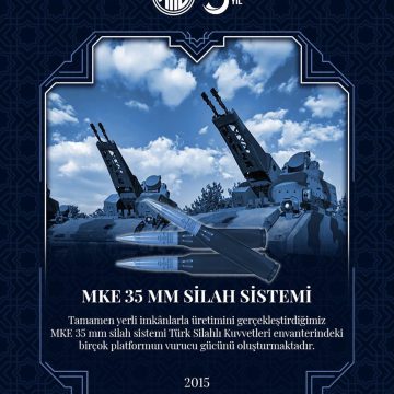 5️⃣6️⃣ | 7️⃣5️⃣ Alçak irtifa hava savunma sistemlerinde, ateş destek unsuru kara araçlarında ve çeşitli deniz platformlarında kullanılan MKE 35 mm silah sistemi; Korkut, Gökdeniz, Gürz ve Göker gibi yurt içi imkânlarla geliştirilen sistemlerin temel vurucu gücünü oluşturmaktadır.
